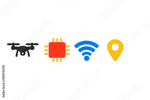 Icons represent drone technology, computer chips, wireless signals, and GPS location used for navigation and remote control in various applications