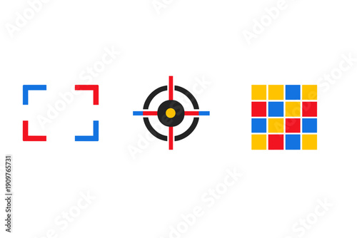 Design elements showing shapes and colors on a white background highlighting basic visual forms of squares and a target