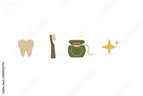 Tooth and dental care items are shown in a simple design on a white background for educational purposes