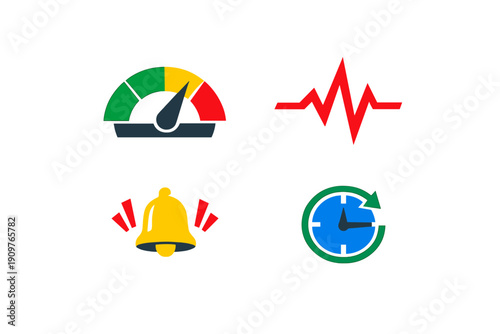 Colorful set of icons showing metrics, alerts, and time management in a digital design for information tracking and monitoring