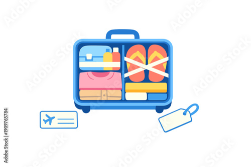 Packing a suitcase for a trip to the beach with clothes, flip flops, toiletries, and a travel tag on top during the daytime