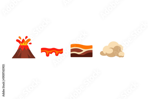 Volcano erupts and lava flows creating layers of rock and clouds of ash in an active geological site during daytime