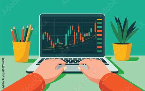 A person observes financial market trends and invests using a laptop with candlestick graphs