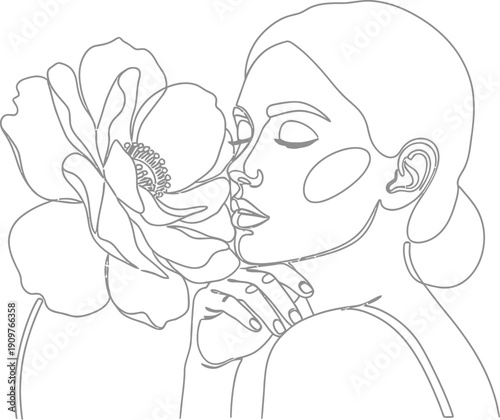 Woman smelling flower with closed eyes in elegant line art style