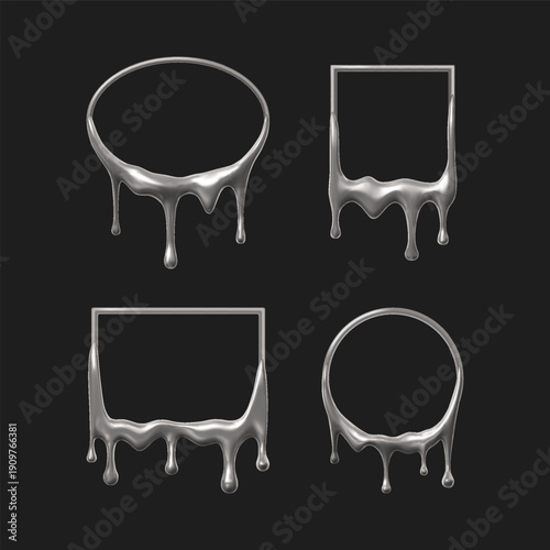 Metal liquid silver drip vector borders geometric shapes vector set, realistic melting drops flowing down chrome frames