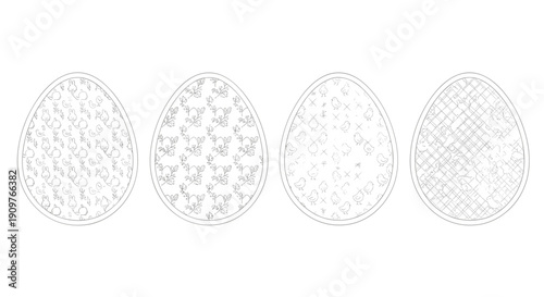 Set of four decorative easter eggs with intricate patterns and designs