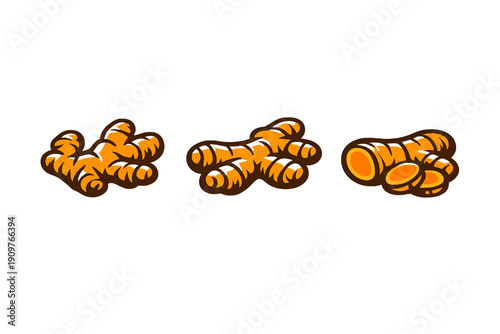 Three stylized illustrations of orange turmeric roots are shown against a solid black background. The set includes two whole rhizomes and one root with several round slices next to it.