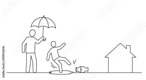A person shields another from rain near a house and a fallen object