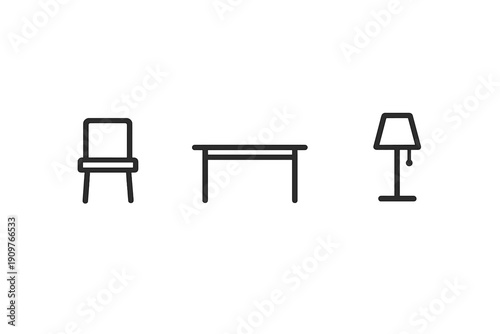 Minimalist line art icons of a chair, a table, and a floor lamp arranged horizontally on a plain background. Simple furniture symbols for interior design and home decor concepts.
