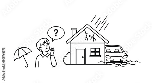 A person contemplates a flooded house and car with a question mark overhead