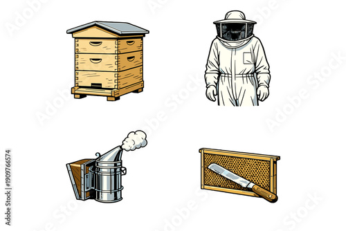 A collection of beekeeping illustrations featuring a wooden beehive, a person in a protective suit, a metal bee smoker with smoke, and a honeycomb frame with a harvesting knife.