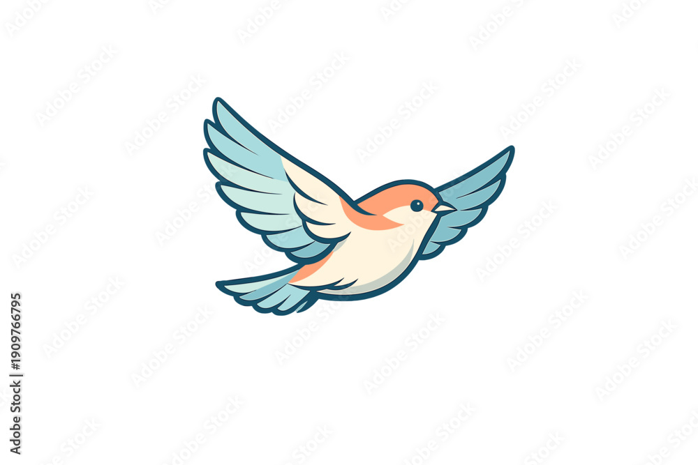 Fototapeta premium A stylized vector illustration of a small bird with light blue and peach feathers flying against a solid black background. The bird has its wings spread wide in a graceful pose.