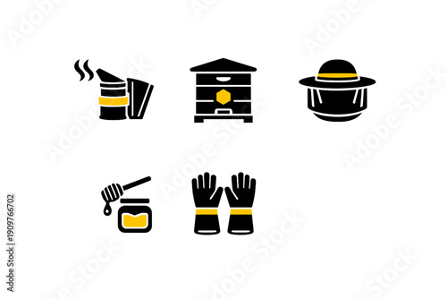 A collection of five beekeeping icons in black and yellow, featuring a bee smoker, a beehive, a protective hat with a veil, a honey jar with a dipper, and a pair of gloves.