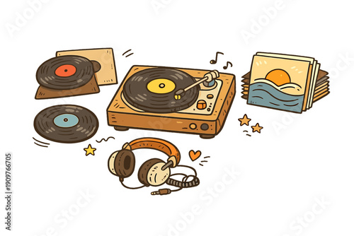 This cartoon illustration shows a classic turntable playing a vinyl record, surrounded by headphones, extra discs, and album art. Decorative stars and notes add a musical vibe.