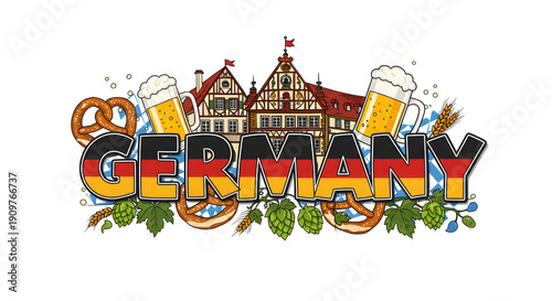 German Emblem: a vibrant emblem that blends iconic German elements, perfect for celebrating German heritage and culture. It showcases key aspects such as architecture.