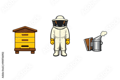 A set of three beekeeping icons featuring a yellow wooden beehive, a person wearing a white protective beekeeper suit with a veil, and a metal bee smoker on a black background.