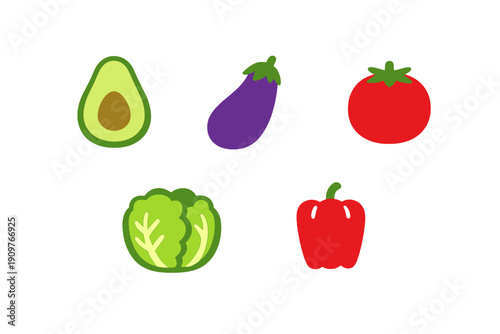 A collection of five colorful vegetable icons including an avocado, eggplant, tomato, cabbage, and red bell pepper, presented in a flat illustration style against a solid black background.