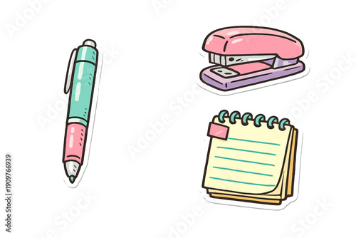 A collection of three hand-drawn office supply stickers including a teal and pink pen, a pink stapler, and a yellow spiral notepad, all set against a solid black background.