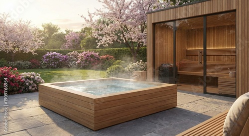 Square wooden hot tub with steaming water on a stone patio featuring a modern timber sauna and colorful spring flowers in a lush backyard.