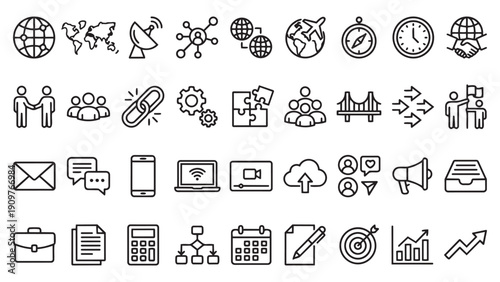 Extensive set of global communication, business, and technology line icons for modern digital concepts