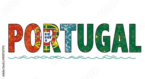 Portugal Lettering: A vibrant, artistic depiction of the word Portugal, each letter adorned with intricate patterns and designs, evoking the essence of Portuguese culture.