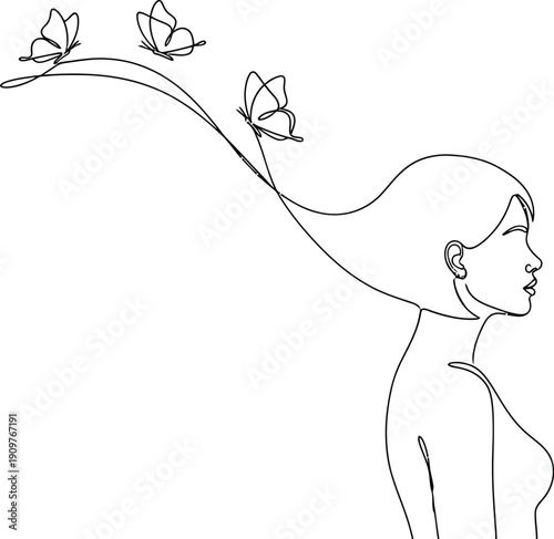 Elegant woman with flowing hair and flowers in minimalist line art style