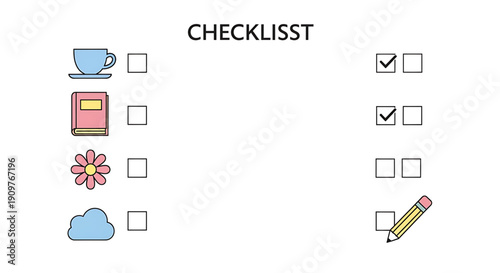 Colorful checklist with cup, book, flower, cloud, and pencil icons