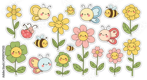 Cute cartoon bees butterflies and flowers
