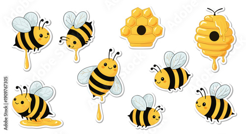 Collection of cartoon bees with honeycombs and hive illustrations