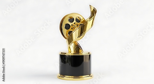 Golden trophy with film reel on top isolated on white background