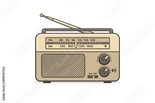 A flat illustration of a vintage portable radio with an antenna, tuning dial, and speaker grille. The retro device features AM and FM bands on a beige body against a black background.