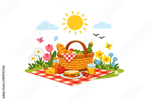 A colorful cartoon illustration of a picnic scene featuring a wicker basket filled with food on a red checkered blanket, surrounded by flowers, butterflies, and a bright sun.