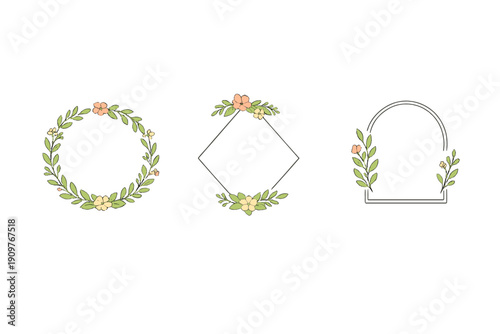 Three elegant floral frames featuring green leaves and peach flowers on a black background. The set includes a circular wreath, a diamond border, and an arched frame design.