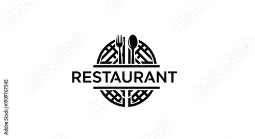 Restaurant logo design with fork and spoon in a circular pattern.