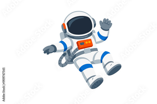A cartoon illustration of an astronaut in a white and blue spacesuit floating against a solid black background. The character has an orange chest panel and a dark visor.