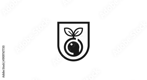 Simple black and white logo design featuring a stylized fruit emblem.