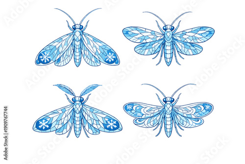 Four glowing blue moth illustrations with snowflake patterns on their wings are arranged on a black background. The insects feature intricate icy designs and crystalline details.