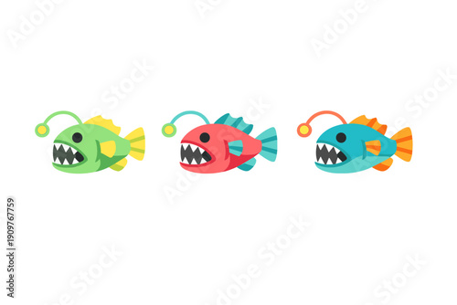 A set of three stylized anglerfish illustrations in green, red, and blue colors on a black backdrop. Each deep-sea creature has a bioluminescent lure and sharp teeth.