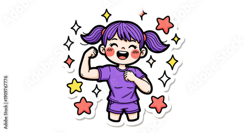 Cute cartoon girl with purple hair and cheerful expression