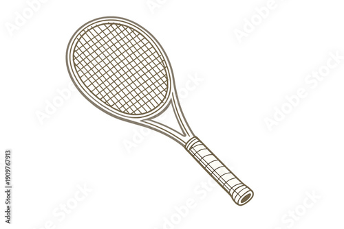 A stylized illustration of a vintage-style tennis racket featuring a brown frame and a white grip. The object is isolated on a black background and shown at a diagonal angle.