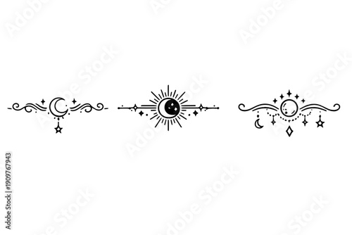 Three minimalist celestial dividers with crescent moons, stars, and sunburst patterns. These black line art elements are designed for mystical and decorative border applications.