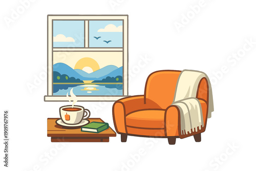 A cozy orange armchair with a white blanket sits next to a wooden table holding a steaming cup of tea and a book, with a scenic mountain sunset visible through the window.
