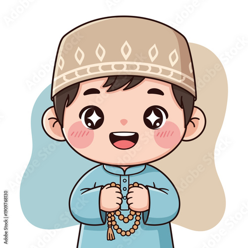 Cartoon boy wearing traditional prayer cap.