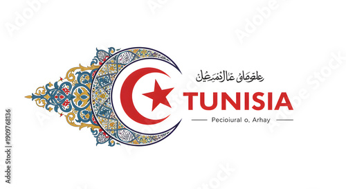 Tunisia Emblem: A vibrant and elegant emblem showcasing Tunisia's cultural and national identity, featuring the crescent moon and star, along with ornate Arabic calligraphy.