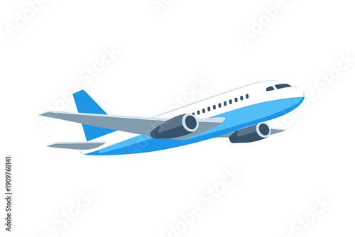 A stylized illustration of a commercial passenger airplane flying against a solid black background. The aircraft features a blue and white color scheme with two engines and visible windows.