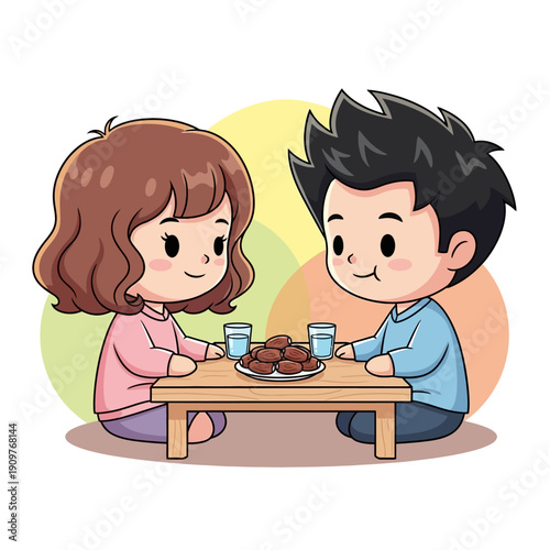 Cartoon Children Eating Fruit Together.