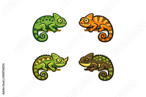 A set of four stylized chameleon illustrations in different colors and patterns, including green, orange, and brown, each perched on a branch against a solid black background.