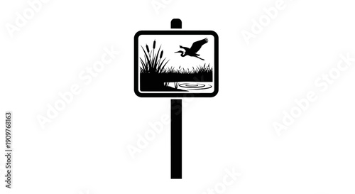 Wetlands habitat sign with flying bird and reeds, black and white illustration.