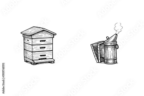 This vintage style line drawing depicts a classic wooden beehive alongside a traditional bee smoker emitting smoke. The hand drawn sketch is presented in white ink on a solid black background.