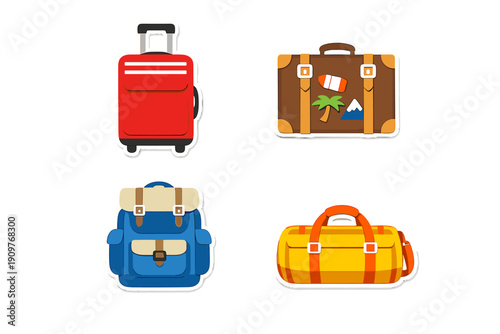 This set of four travel bag illustrations features a red trolley suitcase, a brown vintage trunk with stickers, a blue backpack, and a yellow duffel bag on a black background.